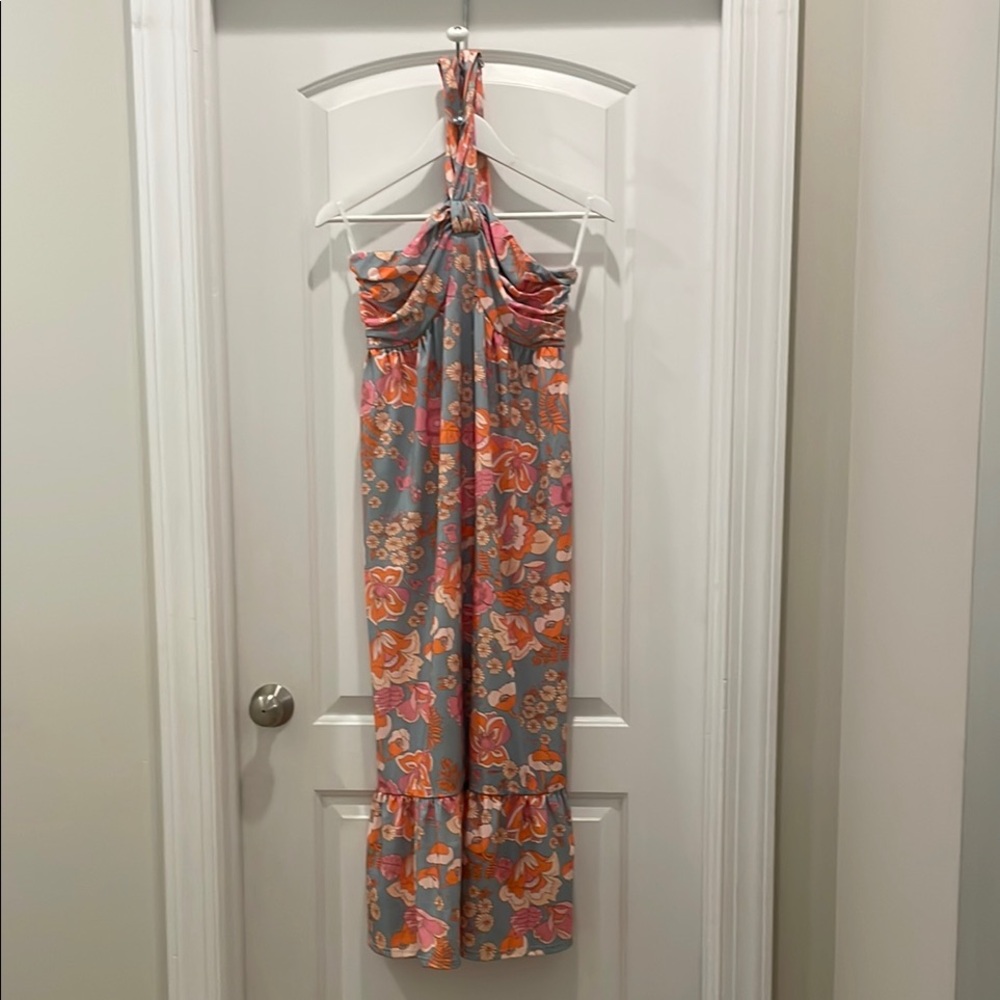 Grace Karin Floral Maxi Halter Dress in Gray, Pink & Orange
